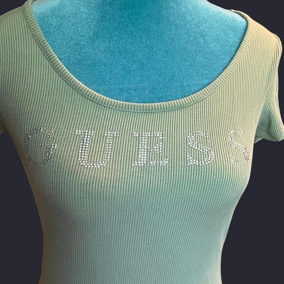 Vintage Y2K Guess Women's Green Mini T-shirt Dress Rhinestone mcbling Small - Picture 5 of 7